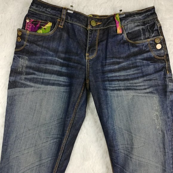Coogi Womens Jeans Straight Leg Blue Denim Embroidered Jeweled Distressed 8 - Picture 3 of 16